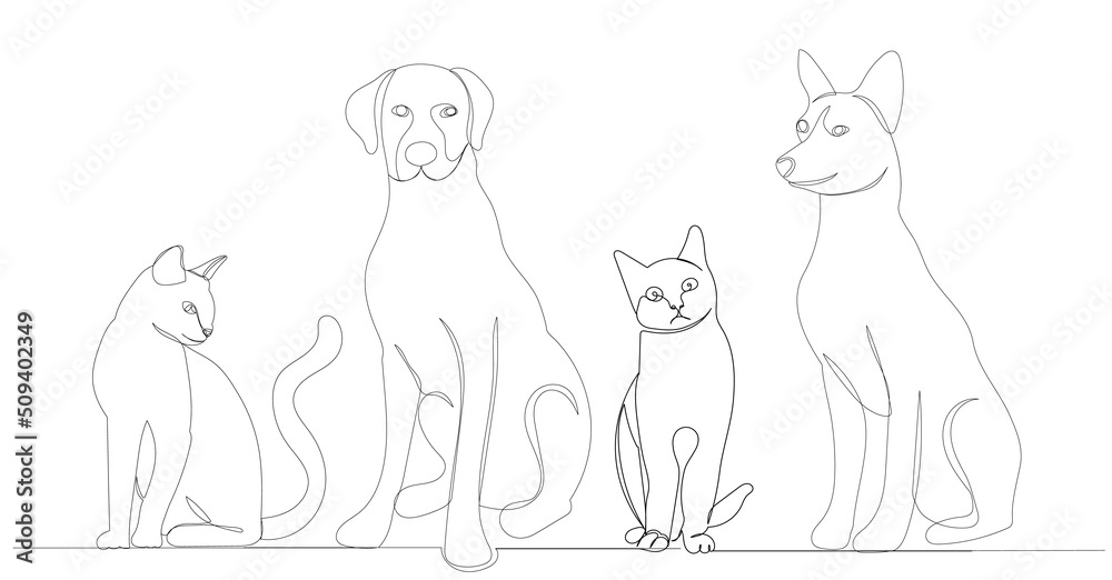 Fototapeta premium dogs and cats sitting one continuous line drawing