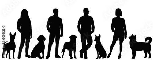 Foto dogs and people silhouette on white background, isolated, vector