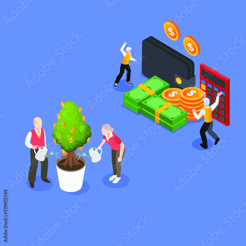 Retirement savings plan - elderly successful investor isometric 3d vector illustration concept for banner, website, illustration, landing page, flyer, etc.