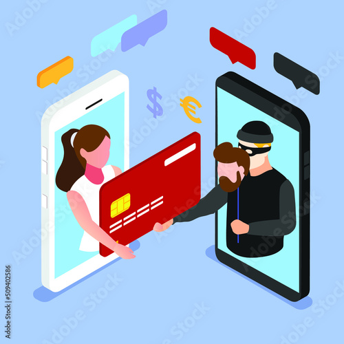 Woman on the phone screen and the scammer stealing a credit card isometric 3d vector illustration concept for banner, website, illustration, landing page, flyer, etc. photo
