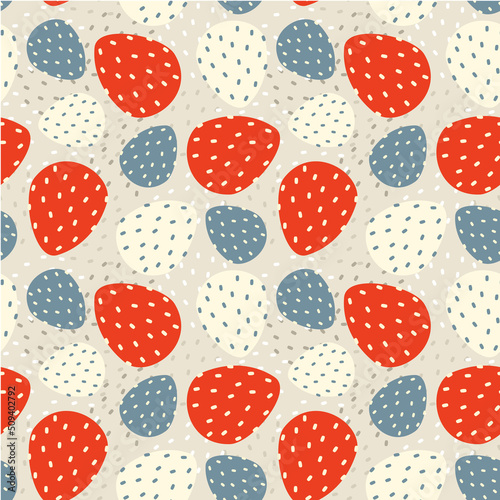 Vector seamless abstract pattern with colorful strawberries on light beige background.