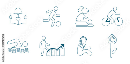 reading, play sport, swimming, exercise, reading, laugh, sleep, music icon set vector illustration 