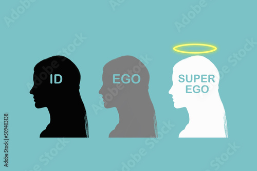 Photography Silhouette of three female heads with the inscriptions Id, Ego and Super ego fro