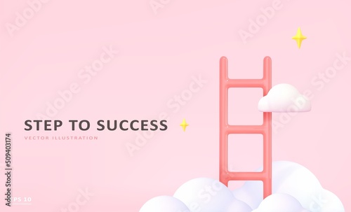 Fototapeta Naklejka Na Ścianę i Meble -  Business success template .3d render ladder, clouds and stars .Stairway to heaven icon. Reach, draem, creative, growth concept. Vector cartoon illustration.