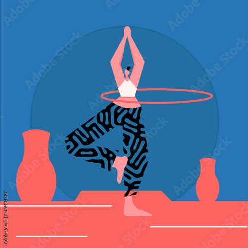 A girl works out and does hula hooping, flat vector illustration