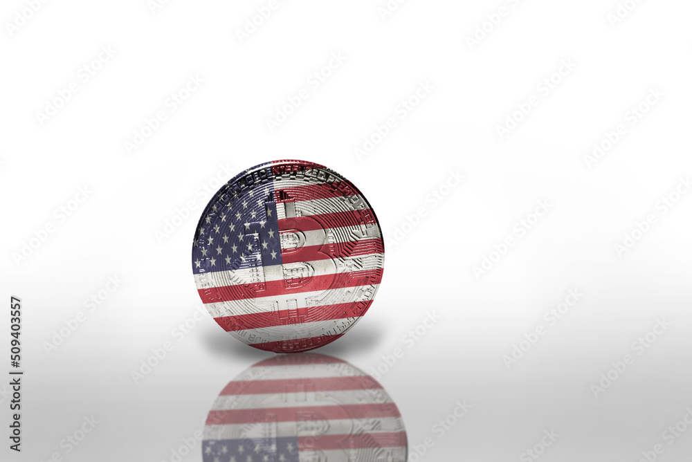 bitcoin with the national flag of united states of america on the white background. bitcoin mining concept. bitcoin with the national flag of united states of america on the white background. bitcoin mining concept.
