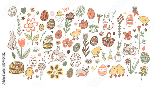 Easter rabbit, egg, chick vector illustrations set