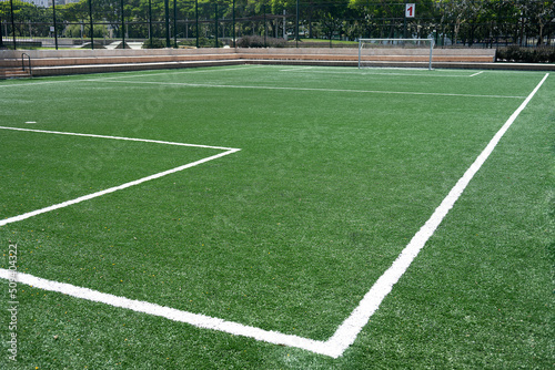 Empty synthetic soccer field.
