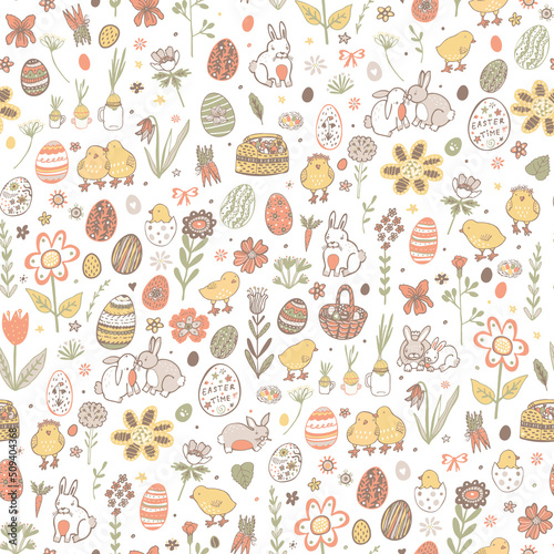 Easter rabbit, chickens, eggs, flowers vector seamless pattern