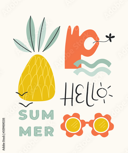 Set of summer vector stickers. Pineapple, sunglasses, hand with flower. Hand drawn lettering: 