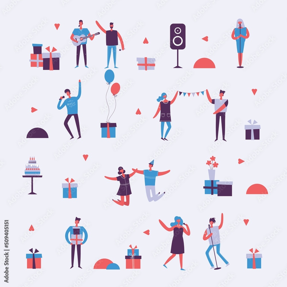 custom made wallpaper toronto digitalVector background in a flat style of group of happy friends celebrating birthday party.