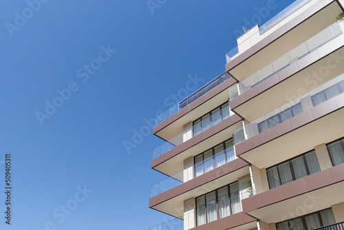 Glass balconies in a luxury modern apartment building