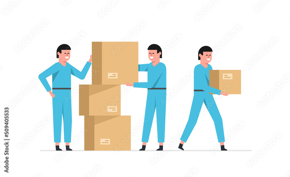 Delivery service. Workers bear cardboard boxes. Moving service. Flat style Delivery service. Workers bear cardboard boxes. Moving service. Flat style