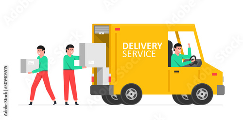 Delivery service and logistics. Workers unloading boxes from van.  Moving service. Flat style