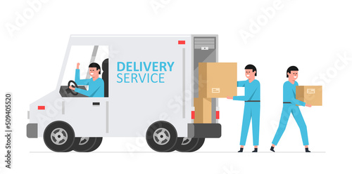 Delivery service and logistics. Workers unloading boxes from van.  Moving service. Flat style