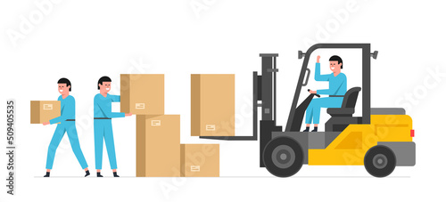 Delivery service and logistics. Workers unloading boxes from Forklift truck. Moving service. Flat style