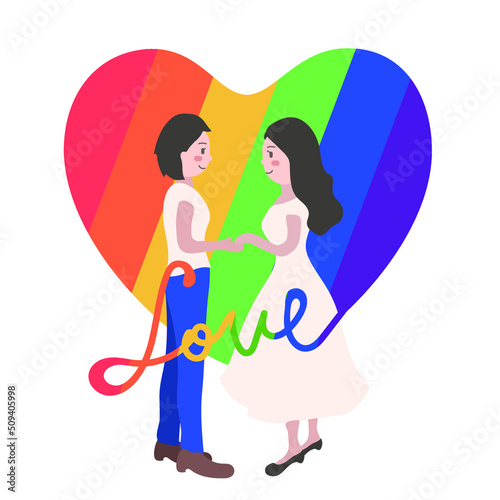 Lesbian women holding hands on rainbow heart background. Sexual diversity. Element for Pride Month celebration. Symbols for LGTBQ parade. 