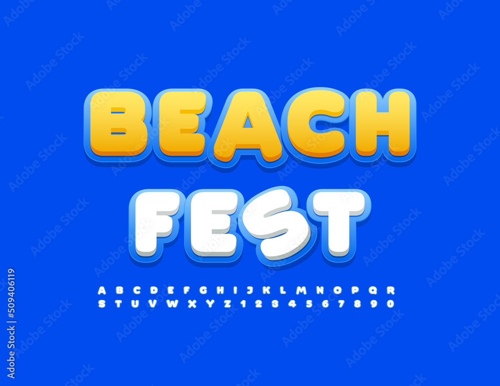 Vector event poster Beach Fest with modern style Font. Blue and White Alphabet Letters and Numbers set Vector event poster Beach Fest with modern style Font. Blue and White Alphabet Letters and Numbers set