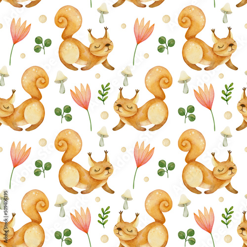 Watercolor squirrel seamless pattern design  cute animal background.