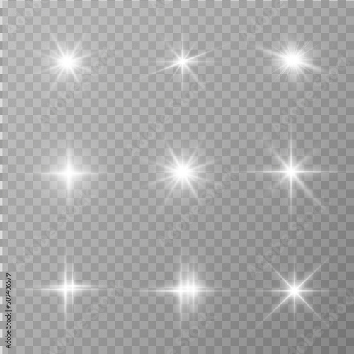 Set of bright beautiful stars. Light effect Bright Star. Beautiful light for illustration. Christmas star. White sparks sparkle with a special light. Vector sparkles on transparent background 