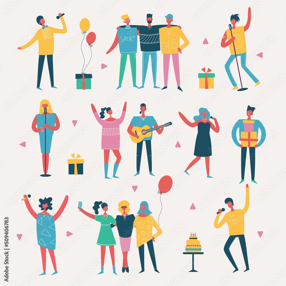 Vector background in a flat style of group of happy friends celebrating birthday party. Vector background in a flat style of group of happy friends celebrating birthday party.