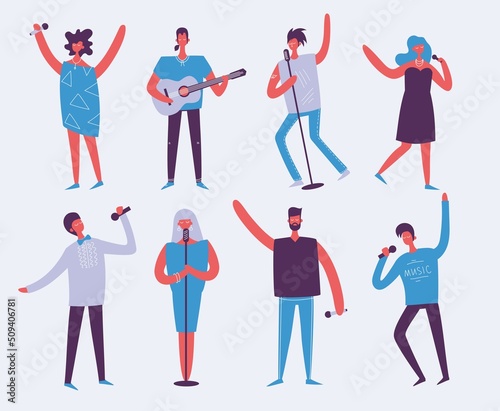 Vector background in a flat style of group of singing, playing guitar, drums, piano, saxophone and other music instrument people © virinaflora