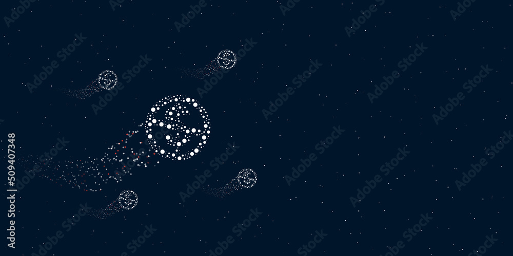 A no dollar symbol filled with dots flies through the stars leaving a trail behind. Four small symbols around. Empty space for text on the right. Vector illustration on dark blue background with stars