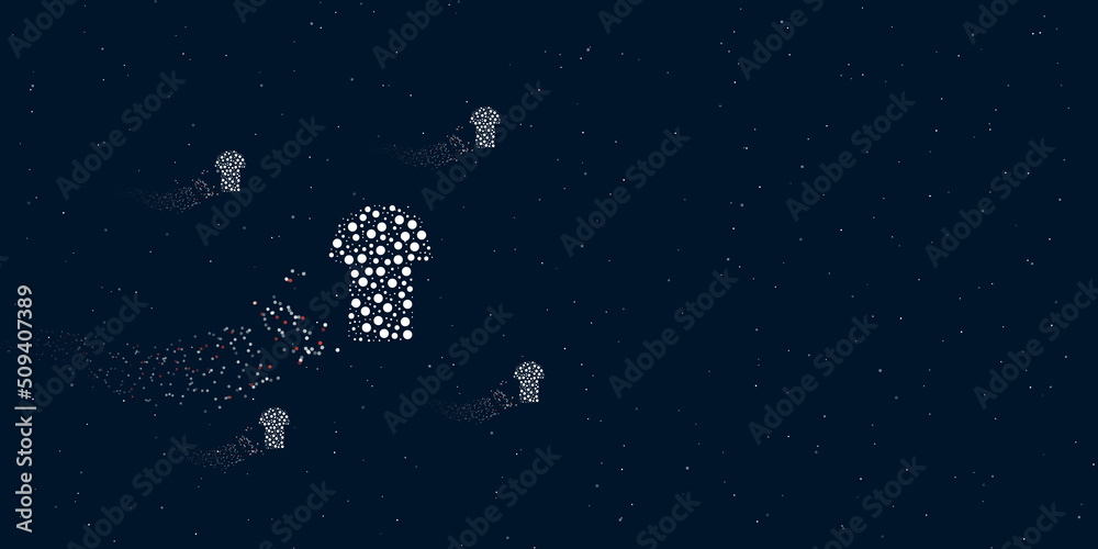 A t-shirt symbol filled with dots flies through the stars leaving a trail behind. Four small symbols around. Empty space for text on the right. Vector illustration on dark blue background with stars