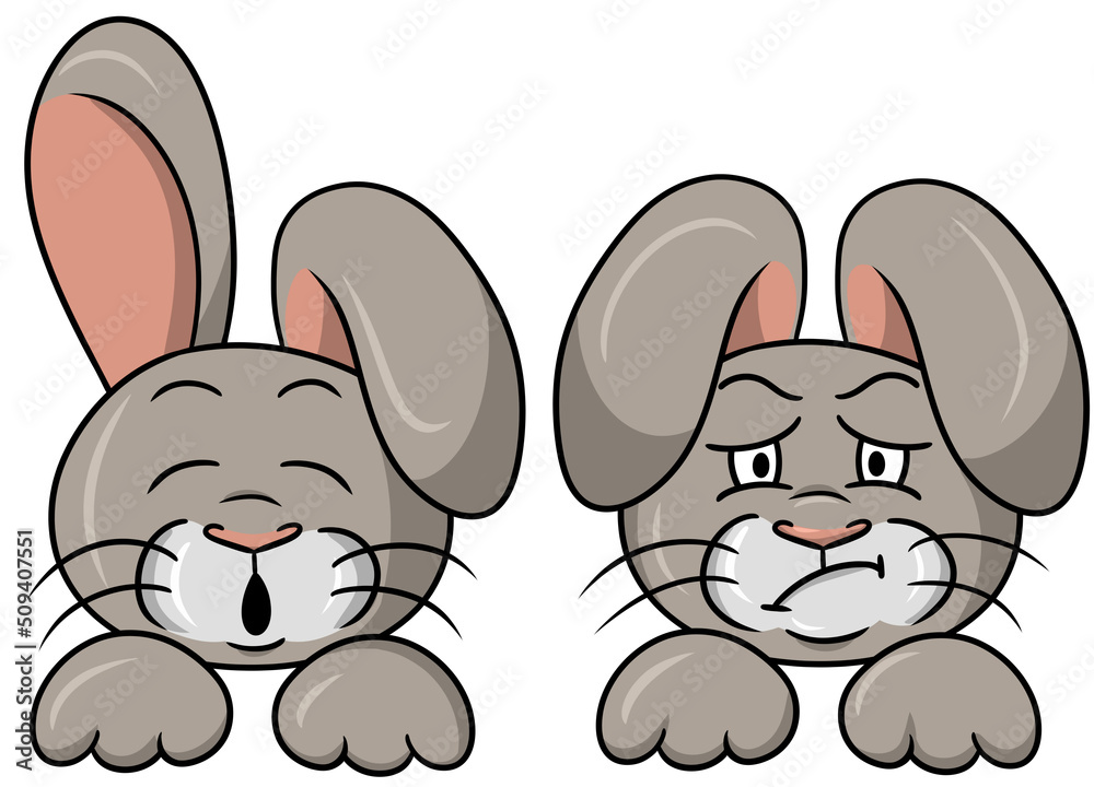 Obraz premium Cute little bunnies in cartoon style, cute rabbit sleeping, offended rabbit, fluffy cute bunnies
