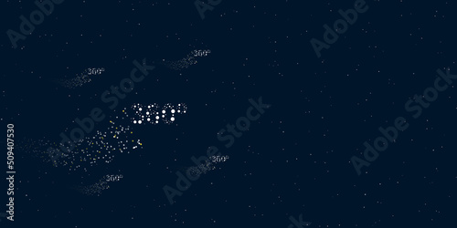 A 360 degree symbol filled with dots flies through the stars leaving a trail behind. There are four small symbols around. Vector illustration on dark blue background with stars