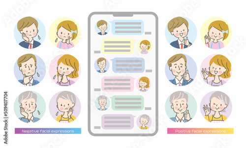 三世代家族の表情アイコンセットとスマホ画面