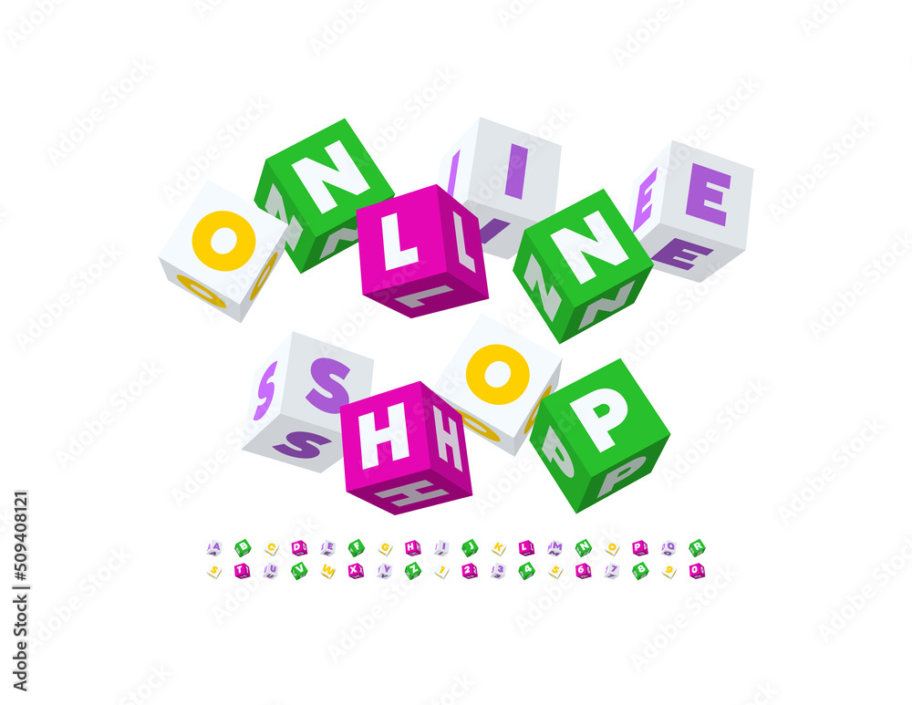 Vector creative logo Online Shop. Cubic cute Font. Bright set of 3D Alphabet Letters and Numbers Vector creative logo Online Shop. Cubic cute Font. Bright set of 3D Alphabet Letters and Numbers