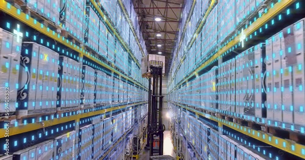 Visualization of modern technologies. Modern forklift in a warehouse. Forklift in a large modern warehouse with graphics