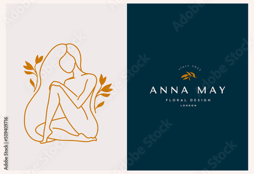 Linear minimal style logos set template with beautiful esoteric women silhouette, monogram and hourglass. Hair salon, beauty shop, organic cosmetics, spa.