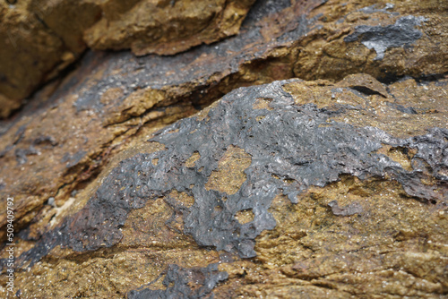 Rough cassiterite metallic ore of tin stuck on the rock. Natural mineral from geological.