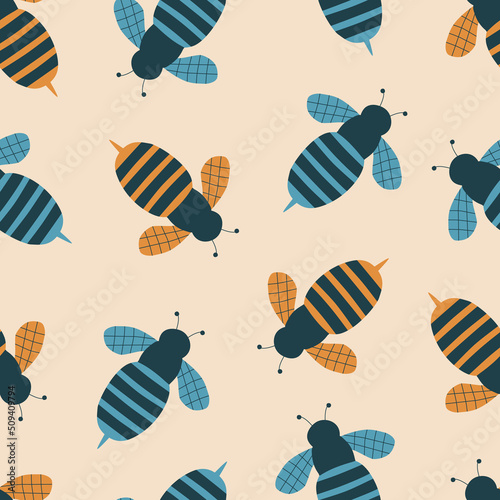 Flying bees hand drawn vector illustration. Colorful wasps in flat style seamless pattern for kids fabric or wallpaper.