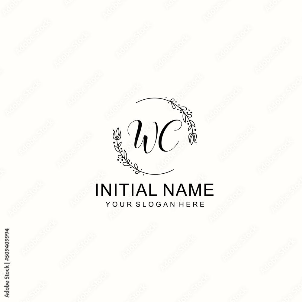 Initial letter WC handwriting with floral frame template Initial letter WC handwriting with floral frame template