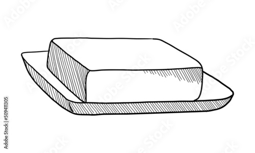 VECTOR CONTOUR DRAWING OF A PIECE OF BUTTER ON A PLATE ON A WHITE BACKGROUND