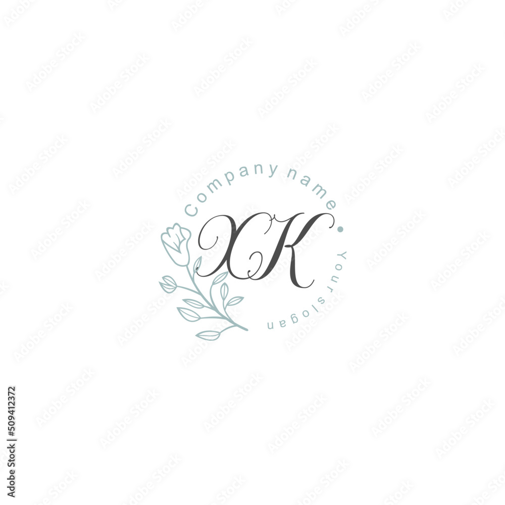Initial letter XK handwriting with floral frame template