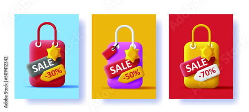 Set of promo posters with 3d shopping bag with price tag illustration. Vector illustration