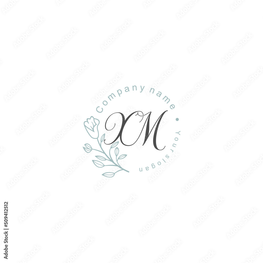Initial letter XM handwriting with floral frame template