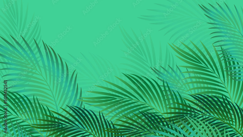 Tropical background with stylized palm leaves. Vector green plant background, background for presentation and summer design