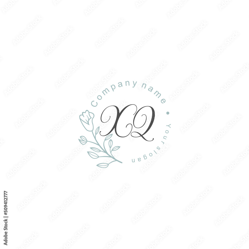 Initial letter XQ handwriting with floral frame template Initial letter XQ handwriting with floral frame template
