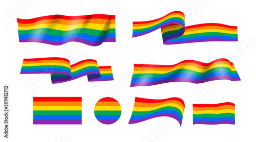 Set of LGBT pride flag, rainbow flag background. Multicolored peace flag movement. Horizontal stripes icon. Graphic design sign mockup. Editable template for web, print. Vector illustration isolated.