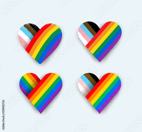 Set of transgender pride flag heart symbol. Vector illustration with colored labels. Isolated on white background. Pride Month. Concept design for LGBTQ community in pride month.