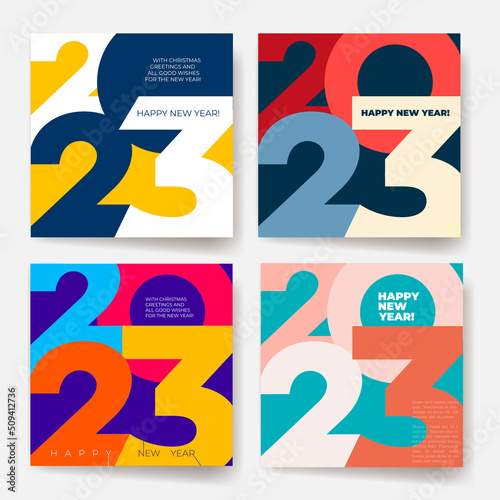 Set of 2023 Happy New Year. Creative concept design template with colorful logo 2023 for celebration and season decoration. Colored vector trendy background for branding, calendar, card, banner, cover