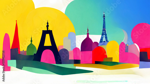 landscape with castle city skyline Paris vector colorful shapes illustration banner bright fun summer travel lifestyle