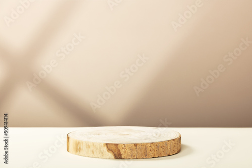 Fototapeta Naklejka Na Ścianę i Meble -  Wood podium of cylinder shape on pastel background for product. 3D Rendering. Minimal concept