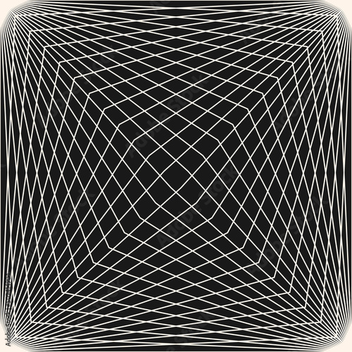 Vector geometric line pattern. Abstract seamless texture with broken lines, grid, cubic shape. Optical illusion. Stylish monochrome background. Modern black and white repeat design for decor, print