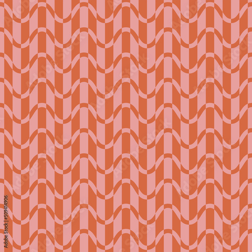 Stylish abstract vector geometric seamless pattern with wavy shapes, stripes, curved lines. Simple pink and orange texture. Op art graphic background. 1960s retro vintage style. Repeat endless design